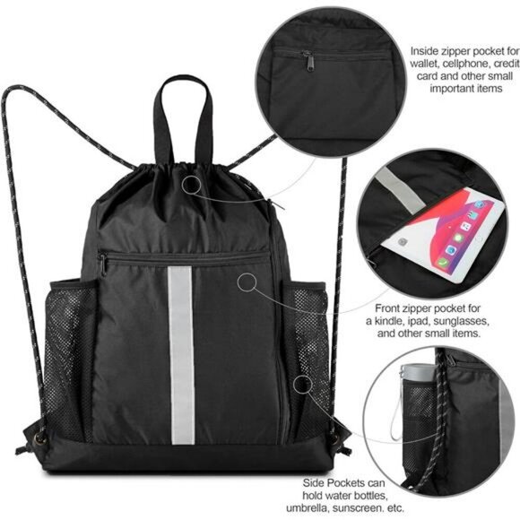 Drawstring Gym Backpack with Shoe Compartment Water Bottle Pockets Travel - Picture 5 of 7